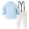 Traje de caballero para niños: camisa de manga larga con cuello azul claro, pantalón largo color blanco roto, juego de tirantes ajustables de color oscuro