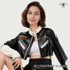 Chaqueta de Cuero Biker Color Block Estilo Americano Corta Hecha a Medida Transfronteriza para Mujer, Chaqueta de Cuero Trendy para Mujer