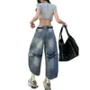 Pantalones cortos de mezclilla lavada estilo retro americano, talla grande, de calle, para mujer, de verano, holgados, casuales, versátiles, de pierna ancha