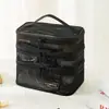 Bolsa de Maquiagem Preta de Malha Grossa Dupla Camada Grande Capacidade Bolsa de Armazenamento de Cosméticos de Alto Nível Bolsa de Higiene Pessoal Transparente Portátil