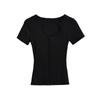 Verão 2024 Novo Kardashian Decote em U Profundo Slim Fit Stretch Manga Curta Camiseta Feminina Europeia e Americana Spice Girls Top Costurado no Meio