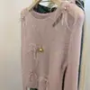 Suéter Tricot de Manga Longa Rosa Vazado com Contas Personalizado de Fábrica Outono Inicial Feminino Top Fino Senso de Design Nicho