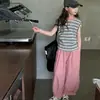 Roupa Infantil Meninas Verão Listrada Manga Curta Conjunto T-Shirt 2025 Novo Crianças Maiores Estilo Verão Moda Tops Finos