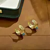 Brincos Turquesa Simples Retrô em Forma de C para Mulheres, Brincos de Pena Dourados, Tarraxas com Design de Nicho, Disponíveis Exclusivamente para Vendas Transfronteiriças