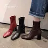 Botines de tacón grueso, punta cuadrada, estilo coreano, ajustados, para mujer, botines individuales, tacones altos de moda color vino tinto, nueva colección otoño/invierno 2026, disponibles en talla 42