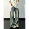 Jeans Anchos de Pierna con Patrón de Nudo de Bambú Retro Azul Lavado para Hombre Estilo Callejero Americano Adolescente Sueltos de Pierna Ancha Pantalones Plátano