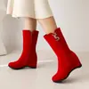 Botas de cuero para mujer con punta redonda de gamuza estilo europeo y americano, cremallera lateral, botines Chelsea, botas cortas de jinete, zapatos de mujer con tacón de cuña alto