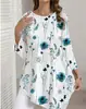 Nuevo Top de Comercio Exterior Transfronterizo Estilo Redondo Azul y Blanco Floral Manga Tres Cuartos, Camiseta Suelta y Elegante de Manga Corta
