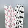 Punto paja de papel desechable paja de papel biodegradable patrón de garra de gato rosa juego de vajilla tubo decorativo para bebidas
