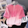 Camiseta de Verano con Degradado para Niñas, Manga Corta Infantil, Nueva Estampada Holgada Estilo Coreano Versátil Moderna para Niños Mayores