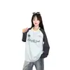 Camiseta de Manga Larga Raglán con Bloques de Color Estilo Coreano Talla Grande para Mujer, Modelo Nuevo Primavera y Otoño 2026, Cuello Redondo, Estilo Perezoso, Top Casual Holgado