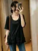 Camiseta Básica Manga Curta Gola U Patchwork Renda Estilo Coreano Plus Size Feminina Afinando Solta Casual Simples Fina Top Feminino