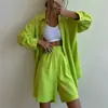 Enviado Ahora: Traje de Cáñamo Amazon para Mujer, Estilo Perezoso Camisa Holgada + Shorts de Cintura Alta Adelgazantes Conjunto de Dos Piezas