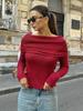 Rojo Angola Escote de Una Línea Hombros Descubiertos Tejido Otoño e Invierno 2026 Moda Europea y Americana Versátil Camiseta de Manga Larga Suéter Ropa para Mujer