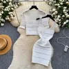 Conjunto de duas peças branco de tricô estilo casual para mulheres, cardigã de manga curta de verão, vestido tipo regata de cintura alta, look elegante