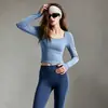 Conjunto de Roupa de Yoga com Sensação de Pele para Mulheres, Top Cropped de Gola Quadrada e Calça Longa Esportiva, Conjunto de Duas Peças Profissional para Treinamento Pilates Feminino, Outono