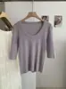 Camiseta de Punto KEKEZOON Suave y Elástica Ajustada Cuello en U Manga Corta 8759