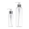 Botella cosmética de plástico transparente de 100 ml para loción, con bomba de presión y cierre plateado brillante de 250 ml, embalaje Xu Min