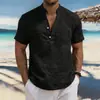 Camisa masculina de verão 2026 europeia e americana, cor sólida, respirável, gola alta, manga curta, camisa masculina moderna simples de cor sólida