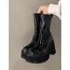 Botas impermeables de plataforma brillantes cortas y finas otoño e invierno plataforma de tacón grueso nuevo tacón grueso elástico aumentado botas martin negras para mujer