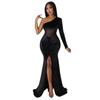 K10354 Amazon Europa y Estados Unidos ropa de mujer transfronteriza otoño e invierno explosiones cuello oblicuo pliegue abertura color sólido vestido cola de pez nuevo
