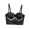 Top Corset Acolchoado Franzido com Bojos Embutidos, Efeito Push-Up para Seios Grandes, Taças sem Frestas, Bustier com Pedrarias para Mulheres