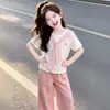 Conjunto de dos piezas de verano con top tipo chal elegante para niñas mayores, estilo casual, nueva camiseta de manga corta de verano para niños
