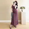 Em estoque Novo Vestido de Maternidade Listrado Tricotado Saia de Suspensório para Gestantes + Cardigã Pequeno Longo Vestido de Verão Duas Peças para Gestantes