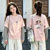Camiseta de manga longa 100% algodão para meninas, top estiloso e moderno para usar como base para crianças, adequado para primavera e outono de 2026, com design de imitação de duas peças
