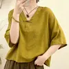 Ropa de Té Zen Corta Holgada de Manga Tres Cuartos y Cuello en V de Principios de Otoño Talla Grande Nuevo Estilo Chino Botón de Rana Top de Algodón para Bebé Mujer