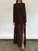 Vestido Sexy Marrom de Cross-Border para Mulheres, Coleção Primavera/Verão 2026, Transparente com Amarração no Pescoço Redondo, Manga Longa, Longo com Fenda e Saia Transparente