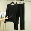 Conjunto de pijama modal com decote V para mulheres, primavera e verão, modelagem solta, blusa de manga longa, tamanho grande, fino, conjunto de duas peças moderno