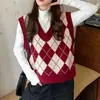 Chaleco de Punto con Patrón de Diamantes para Mujer, Nuevo Estilo Perezoso Retro Francés de Cuello V para Primavera y Otoño