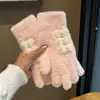 Luvas de Pelúcia Azuis de Tricô com Laço Fofo para Mulheres de Inverno com Plus Veludo Proteção contra Frio Estudante Ciclismo Cinco Dedos Touchscreen