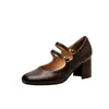 Versión de Piel de Vaca~Zapatos Mary Jane Cuadrados Retro Franceses con Tacón Grueso para Mujer, Versátiles con una Sola Correa y Moño, Zapatos Bajos de Piel