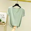 Camiseta base de modal estilo coreano para mulheres, corte solto, plus size, manga curta, adequada para usar em camadas, nova blusa primavera/verão, camiseta lisa, camiseta com decote V