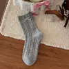 Meias femininas de outono e inverno até a panturrilha com bolinhas tridimensionais e laços, meias femininas versáteis estilo coreano, meias de algodão puro