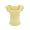 Top Sexy de Chica Caliente con Cuello Cuadrado, Mangas Cortas Ajustadas, Hilo de Encaje Empalmado, Cintura Delgada Ajustada, Camiseta