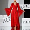 Robe de cetim sexy Feiyun OZON com acabamento em renda, mangas sino, estilo cardigã com amarração, roupão longo para casa 941