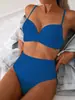 Nuevo Traje de Baño de Dos Piezas 2027 Conjunto de Bikini Europeo y Americano para Mujer, de Cintura Alta, Color Sólido, Estampado, Traje de Baño Transfronterizo para Mujer