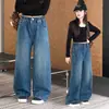 Jeans Holgados de Pierna Ancha para Niñas Primavera y Otoño Nuevos Pantalones Rectos de Cintura Alta hasta el Suelo Moda Infantil Mediana y Grande Pantalones Casuales