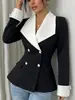 Blazer Europeo para Mujer de Bloques de Color Blanco y Negro, Solapa Grande Entallado a la Cintura, Traje Pequeño Slim-Fit, Fábrica de Origen de Comercio Exterior Transfronterizo