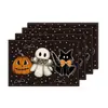 Novos jogos americanos e porta-copos festivos de linho com tema de Halloween transfronteiriços, resistentes ao calor, com estampas divertidas de fantasmas e abóboras para decoração
