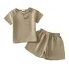 Conjunto de Shorts de Manga Corta de Algodón y Lino de Verano para Niños, Bebé, Color Puro, Doble Capa de Gasa de Algodón, Estilo Chino, Traje Holgado de Dos Piezas