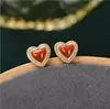 Brincos Pequenos Vermelhos de Ágata em Formato de Coração Fofos no Estilo Chinês, Design Vintage com Cravação de Zircônia, Brincos Femininos da Moda