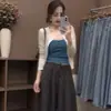 Traje de moda personalizado para mujer, nuevo conjunto elegante de tres piezas para el otoño de 2026: chaqueta tipo cárdigan ajustada, top tipo camisola y pantalones de pierna ancha
