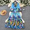 Vestido Romántico de Vacaciones con Estampado Colorido para Mujer de Manga Larga con Lazo Cintura Alta Línea A Dobladillo Ancho Falda Larga Elegante Otoño 2026