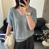 Suéter de Punto para Mujer con Patrón de Diamantes Cielo Estrellado, Diseño Calado de Cuello en V, Manga Corta, Tejido Fino de Verano, Nuevo Estilo, Holgado, Adelgazante, Camiseta Superior