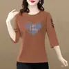 Camiseta de manga tres cuartos para mujer de comercio exterior transfronterizo, ropa para madres de mediana edad, top holgado de talla grande, camiseta básica elegante y rejuvenecedora