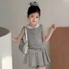 Conjunto Feminino Verão Novo 2026 Crianças Médias e Grandes Roupas de Verão Manga Curta Renda com Capuz Colete Saia Calça Conjunto Elegante de Duas Peças